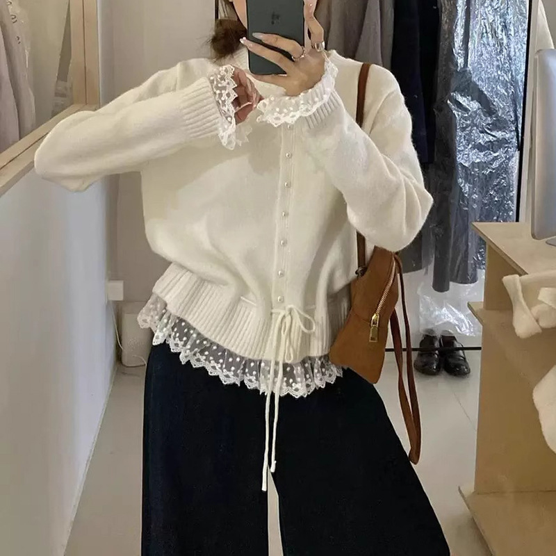 蕾丝花边系带韩系穿搭收腰毛衣女秋季新款时尚减龄遮肚针织衫上衣|undefined
