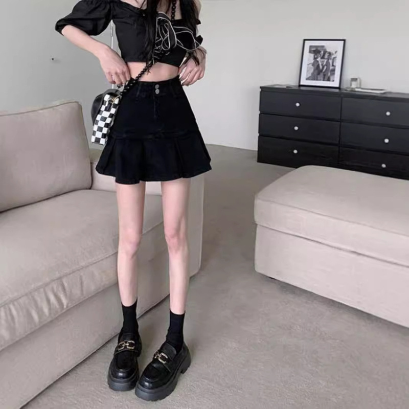 Lined High Waist Hip A- shape Pleated Denim Skirt 150XS Size Small Hot Girl Skirt for Autumn Women