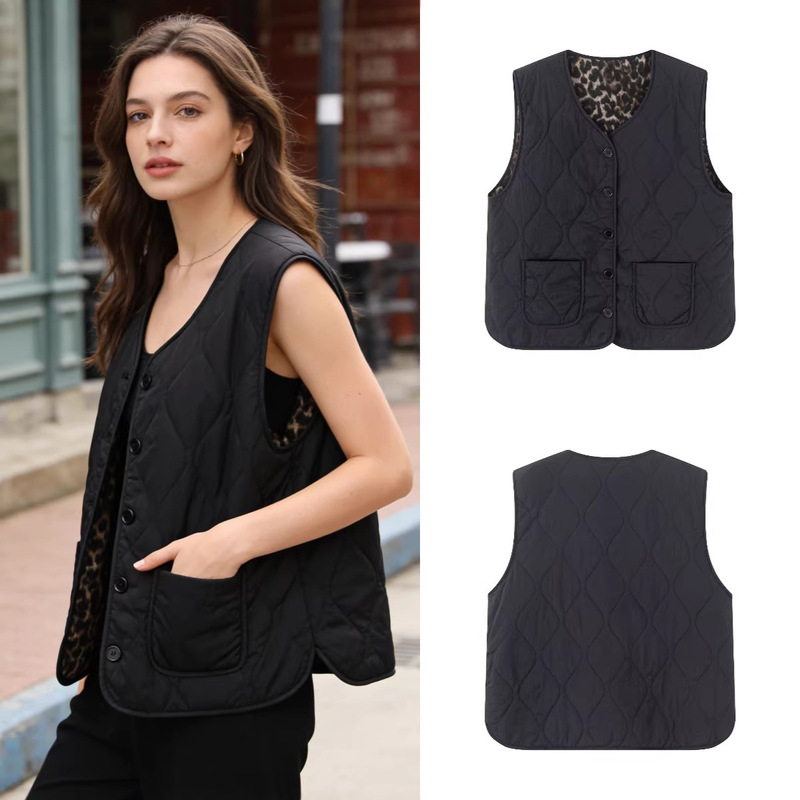 Za Foreign Trade Cross-Border Wholesale European and American Style Women's Fashion Autumn Reversible Autumn/Winter Leopard Print Woolen Cotton Vest Za Foreign Trade Cross-Border Wholesale European and American Style Women's Fashion Autumn Reversible Autumn/Winter Leopard Print Woolen Cotton Vest