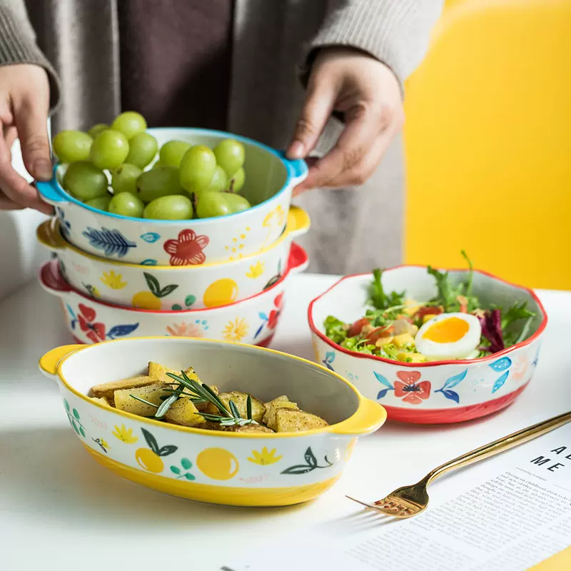 创意水果沙拉碗双耳烤盘可爱印花焗饭烘焙家用陶瓷餐具深盘可微波