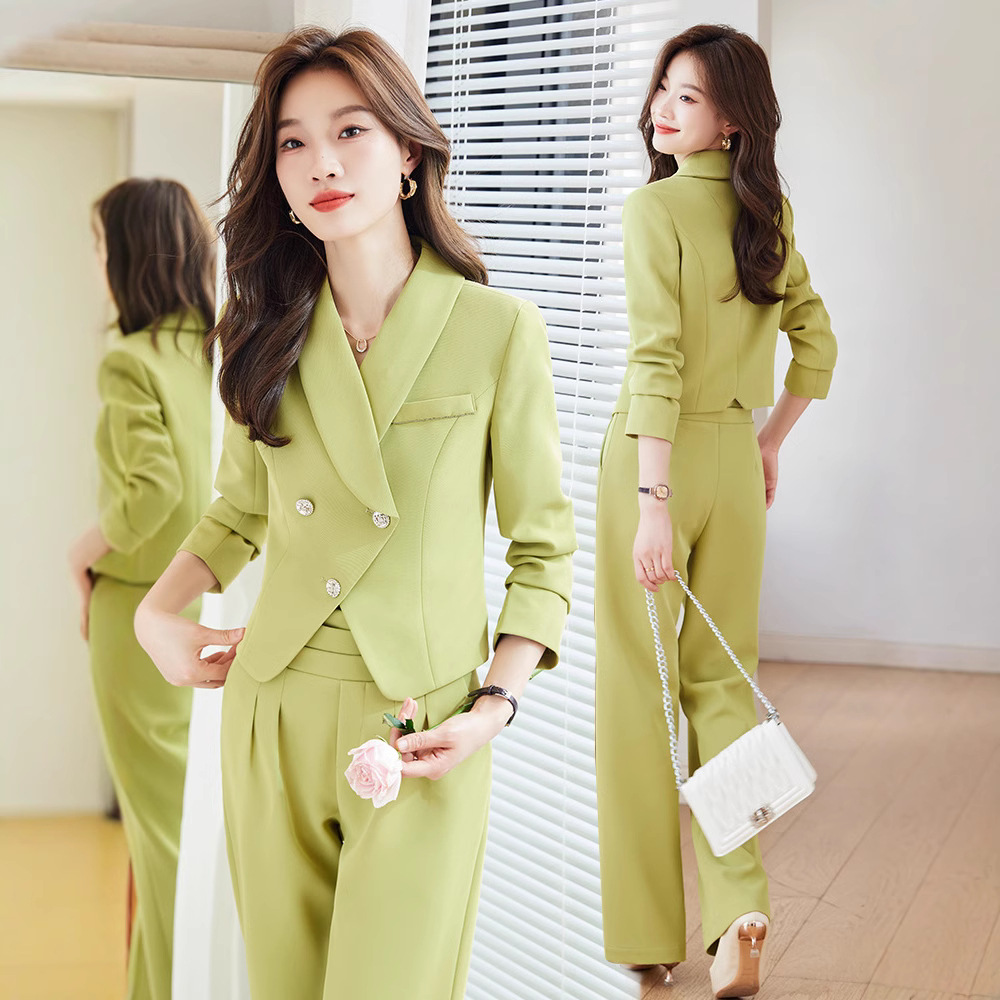 Elegant and sophisticated two-piece suit for women, perfect for spring and autumn. Features a white blazer and a chic little dress.