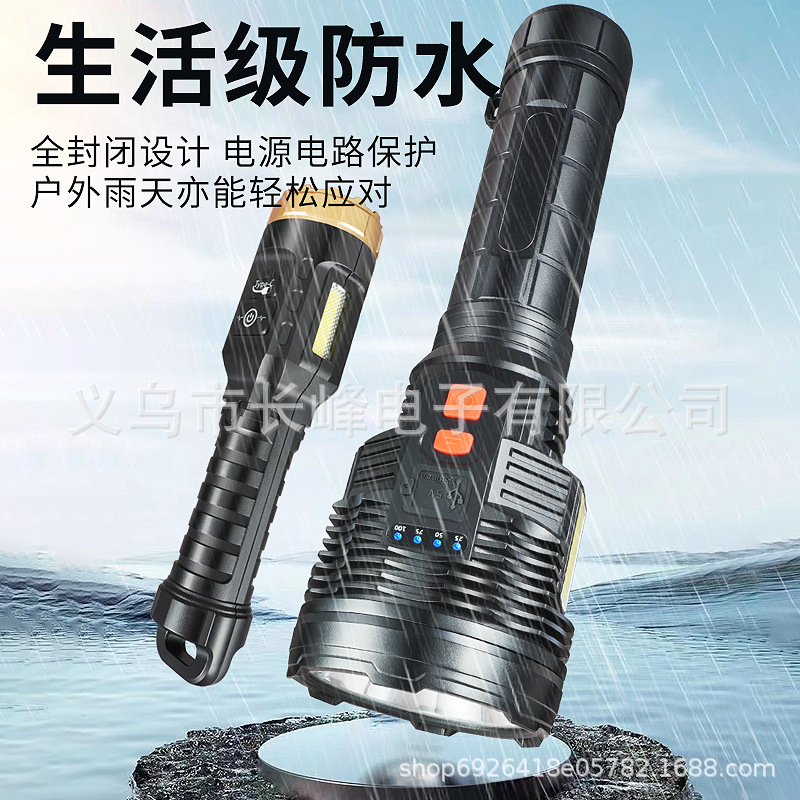 Linterna al aire libre transfronteriza LED luz fuerte multifunción USB correa de carga pantalla pesca nocturna camping patrulla iluminación linterna