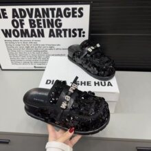 娃娃头亮片包头半拖鞋女2024春季新款水钻厚底博肯拖懒人鞋凉拖潮