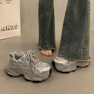 Popular platform platform thick-soled dad shoes for women in spring and autumn, small height increase 2025 new silver versatile casual sports shoes