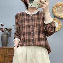 日系洋气减龄花边格子衬衫女 2025年秋装新款 文艺范显瘦休闲上衣