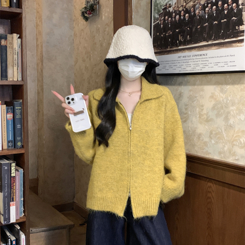 YS秋冬韩版宽松polo领双拉链慵懒毛衣外套女时尚休闲针织开衫外穿|undefined