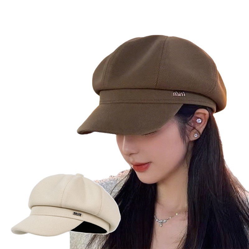 秋季新款呢子八角帽子女字母金属标画家贝雷帽复古云朵帽小众百搭|undefined