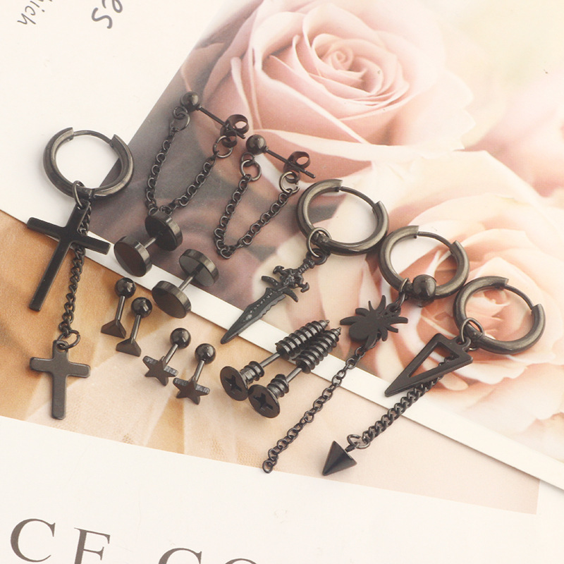 17 Pieces Set Men Stud Earrings Stainless Steel Pierced Earrings Set Black Silver Cross Earrings detail image 23