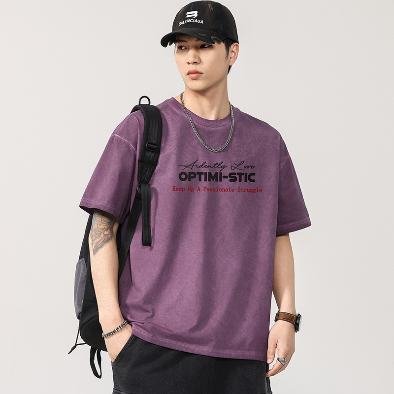 T3725 | plus size Men's Summer New 280g Heavy Crewneck T-shirt Men's Loose Fried Color Fashion Brand Printed Short Sleeve