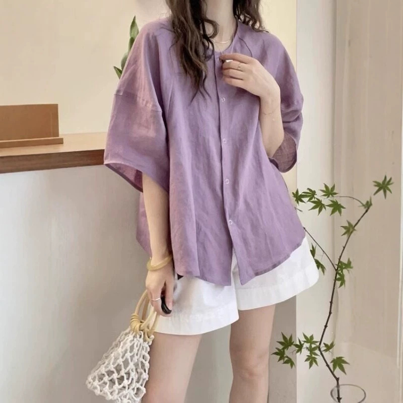 European High-End Purple Cotton-Linen Short-Sleeve Shirt for Women, Summer 2026, Plus-Size Loose Fit, Slimming Ramie Top