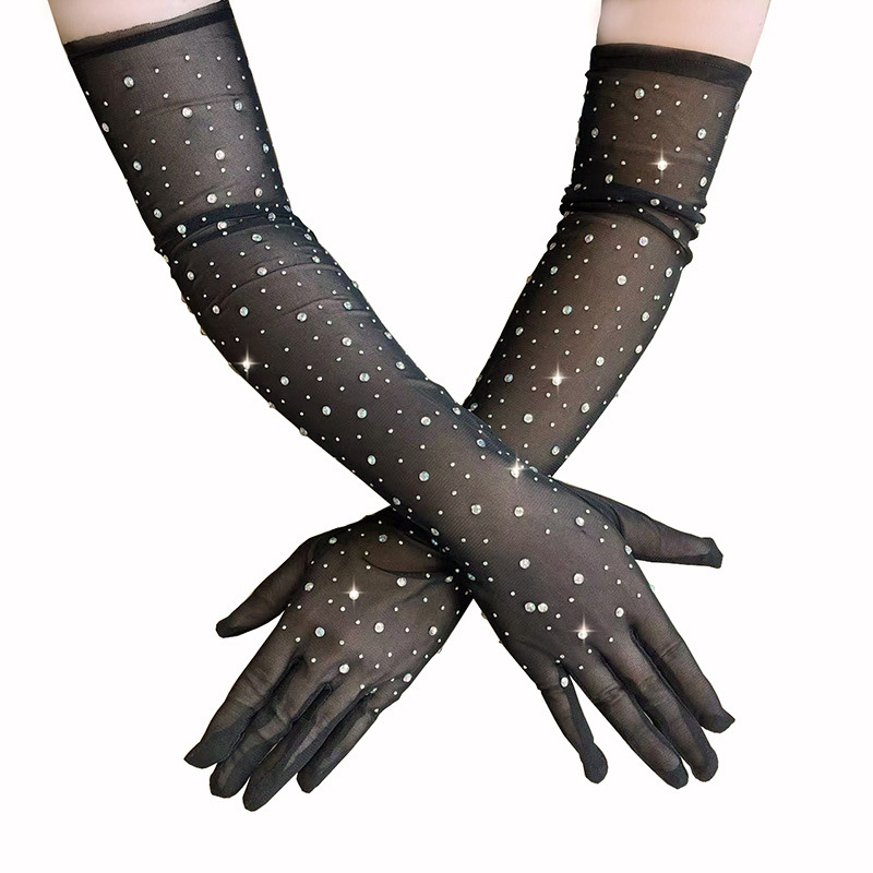 Net mesh water drill full finger extended gloves for women, black thin dress party sexy travel photography arm sleeves performance