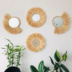 Ins Morocco wood bead grass woven mirror living room sofa background wall entrance bedside wall decoration homestay hanging decoration