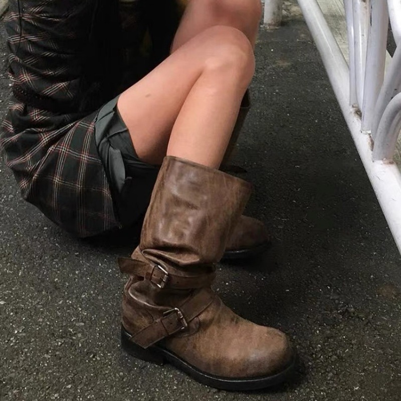 张元英同款复古堆堆靴粗跟旅游做旧西部牛仔靴女废土风长筒骑士靴|undefined