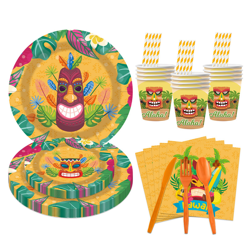 Hawaiian Tiki Palm Leaf Birthday Party Decoration Disposable Paper Cup Paper Plate Paper Towel Knife, Fork and Spoon Tableware Supplies