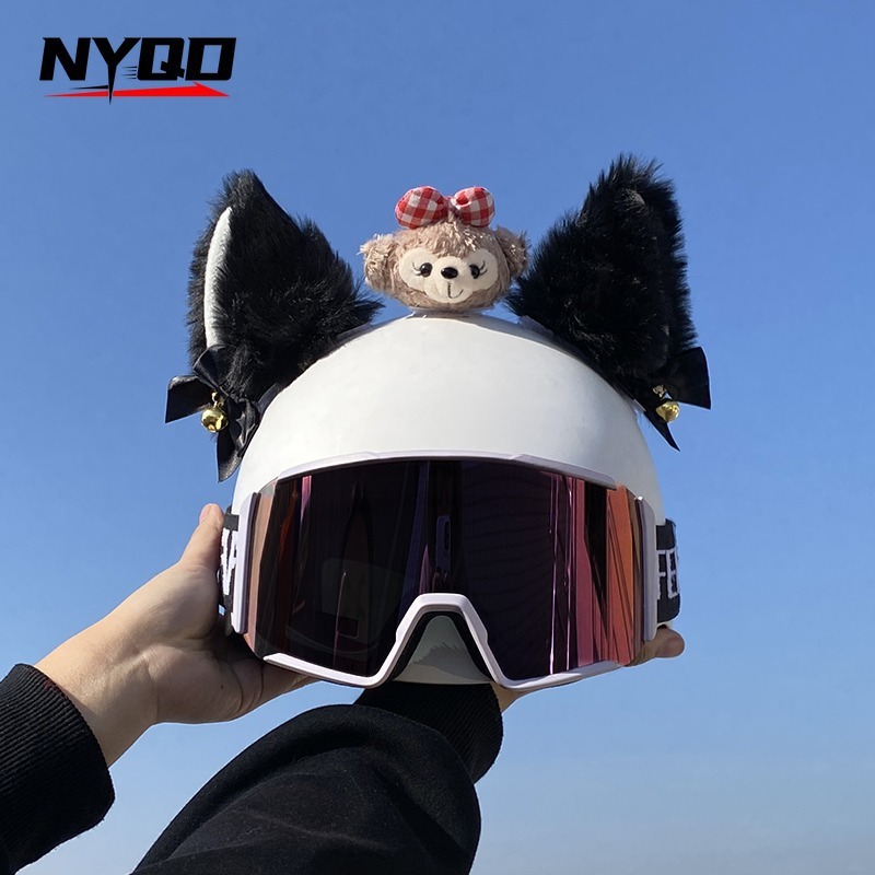 White pink curly bear ear helmet decoration, detachable ski helmet universal accessory, ski helmet accessory