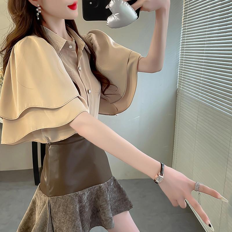 Plus Size Celebrity Chiffon Shirt Women's New Summer Shirt Temperament Solid Color Lapel Ruffled Short-Sleeved Top