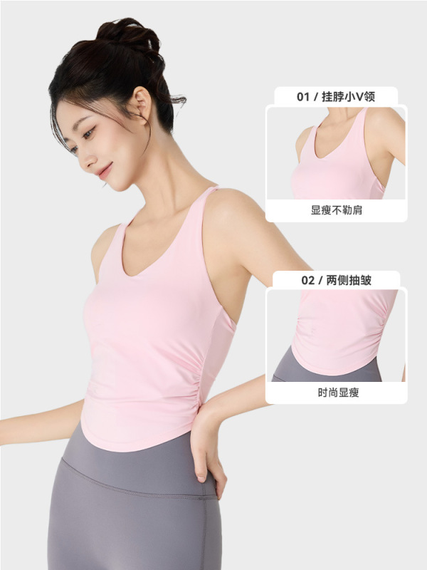 瑜伽服背心上衣女带胸垫免穿内衣腰部抽褶紧身显瘦普拉提运动背心|undefined