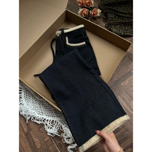 Retro Velvet Thickeneded Straight Jeans for Women in Autumn and Winter Plus Size Fat Design High Waist Loose Slimming Look Wide Leg Pants