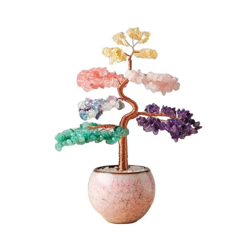 天然水晶カラフルな砂利金のなる木手織り桃の花を願い金のなる木ホームオフィス装飾|undefined