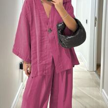跨境女装时尚休闲套装V领一粒扣宽松长袖上衣高腰西裤两件套