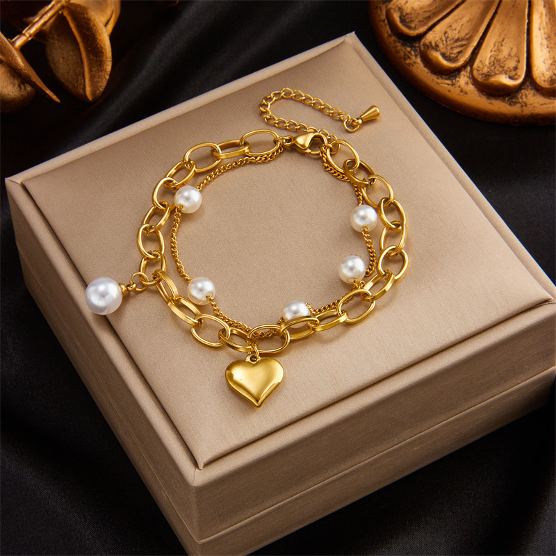 韩版小众简约设计复古法式金属爱心珍珠吊坠多层链条手链