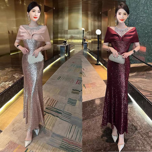High-End Spring/Summer 2025 New Style with Heavy-Duty Rhinestone and Sequin Embellishments, One-Shoulder Design, Suitable for Elegant Mothers-In-Law