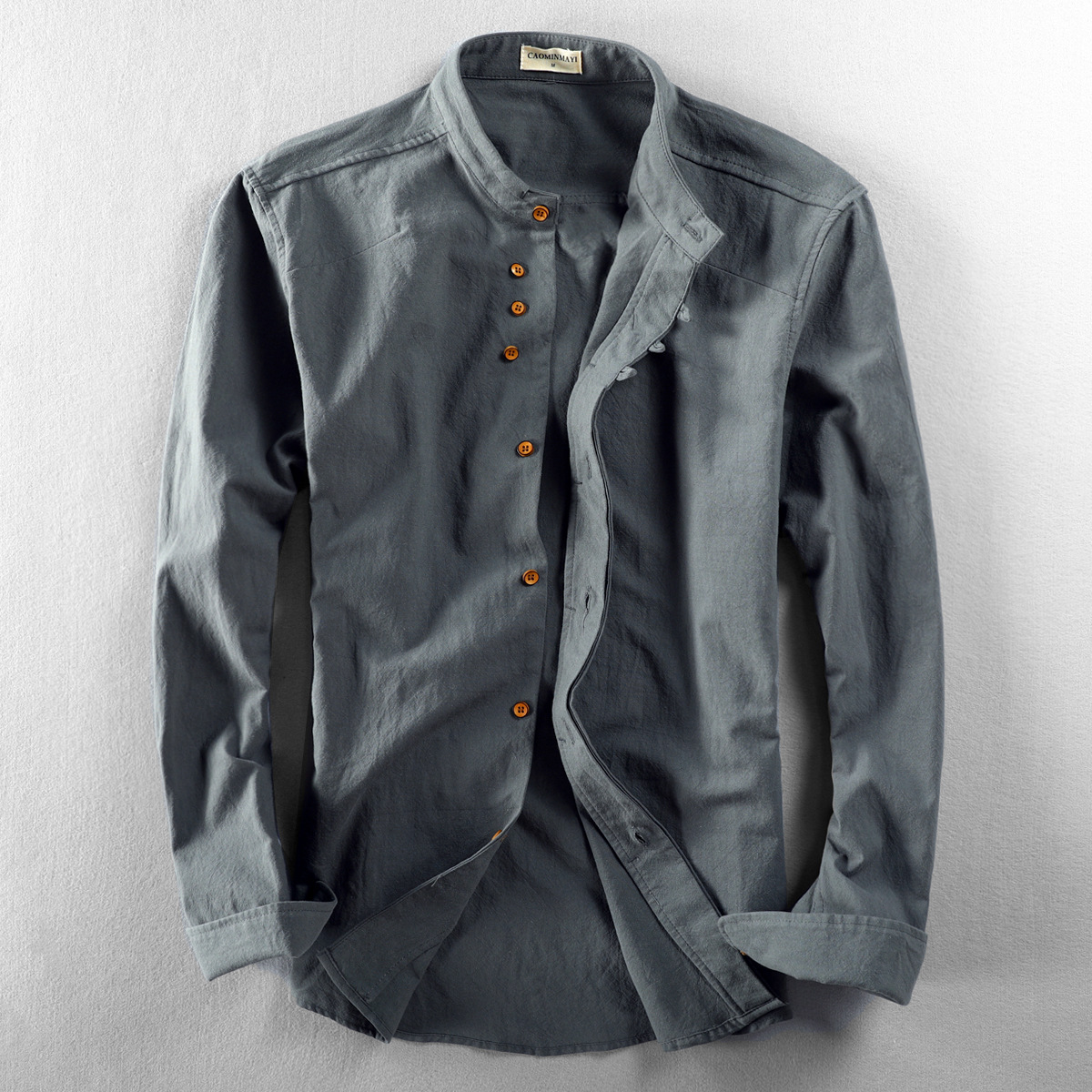 Spring New Men's Casual Linen Shirt Retro Chinese Style Thin Stand-Up Collar Slim Cotton and Linen Shirt-Liangxiao