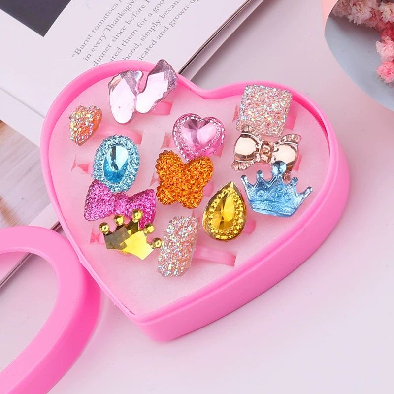 Children's Ring Set, multi-piece cartoon princess jewelry with gems, assorted boxes