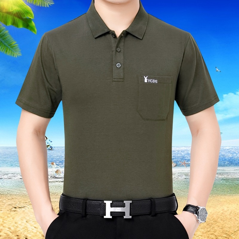 父純綿tシャツ男半袖中年男服折り襟真袋純色男中老人カジュアルtシャツ男|undefined