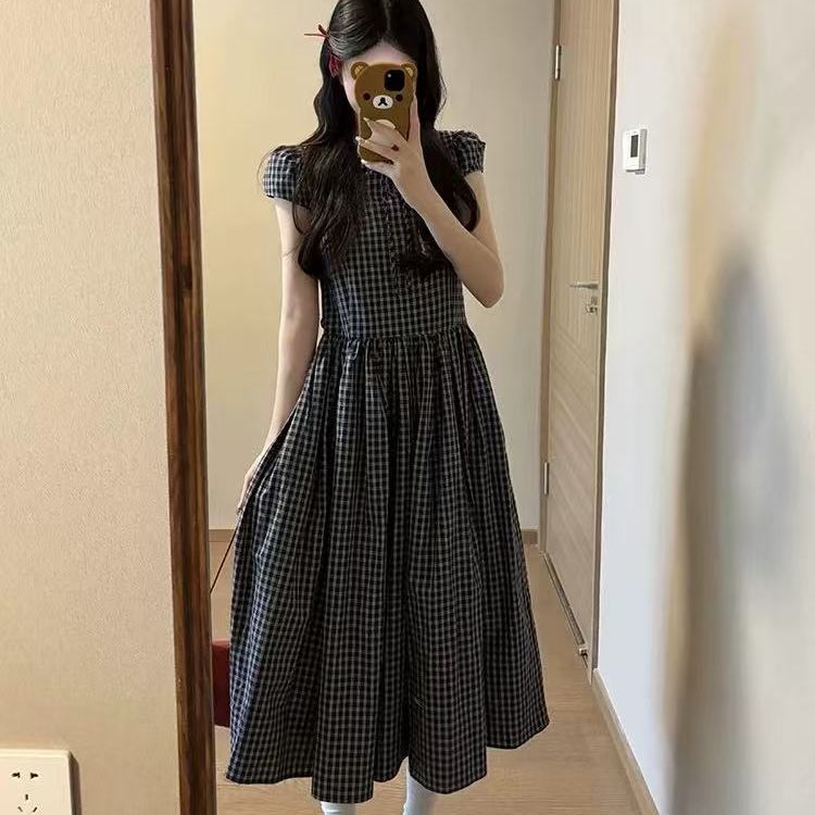 フレンチレトロパフスリーブチェック柄ドレス女性のための夏の小柄なハイウエスト大きなスカート痩身と年齢を軽減するミドル丈スカート|undefined