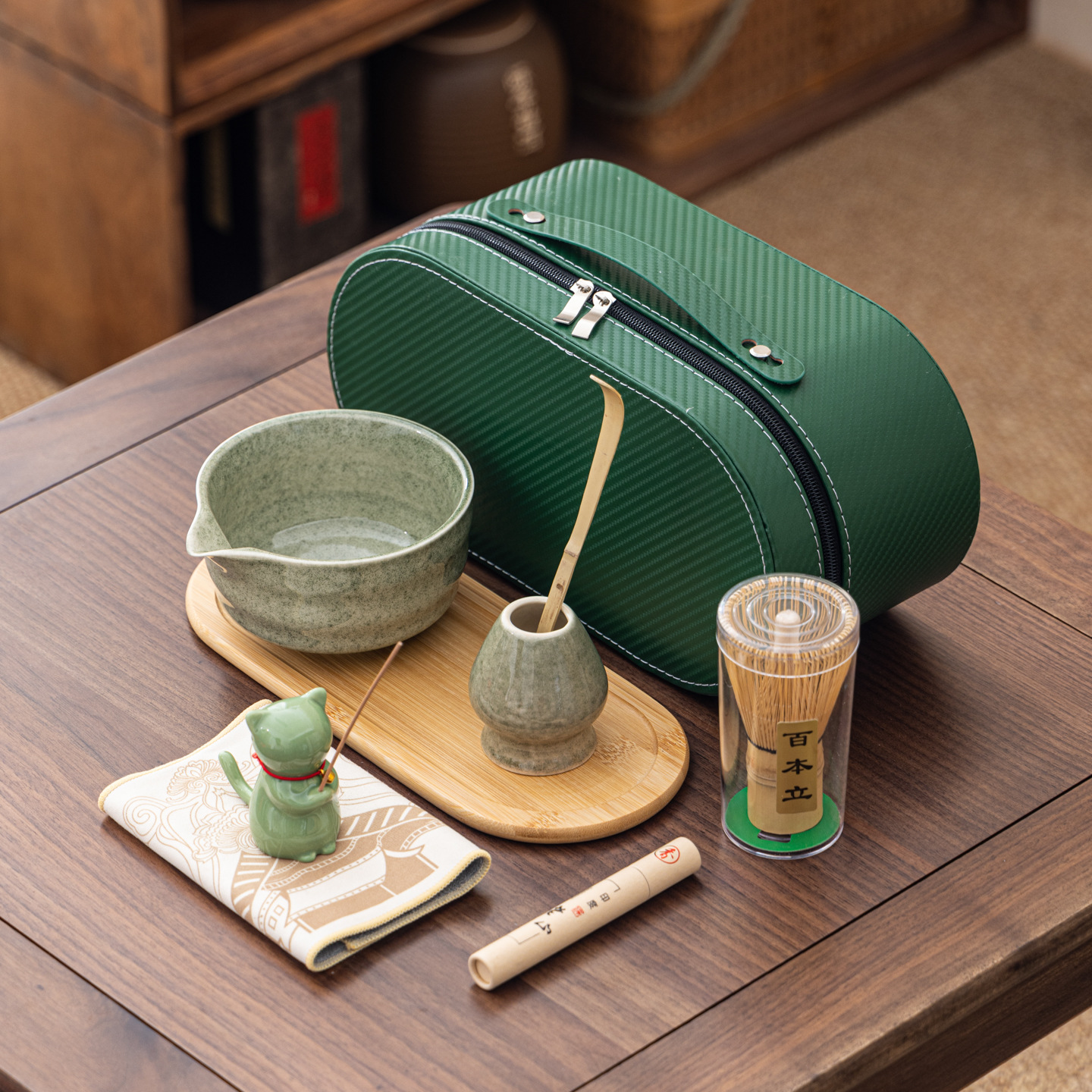 Cuenco de matcha corrugado caja de cuero set adorable gatito Xiangdao ocho piezas set punto té 100 tazas de té