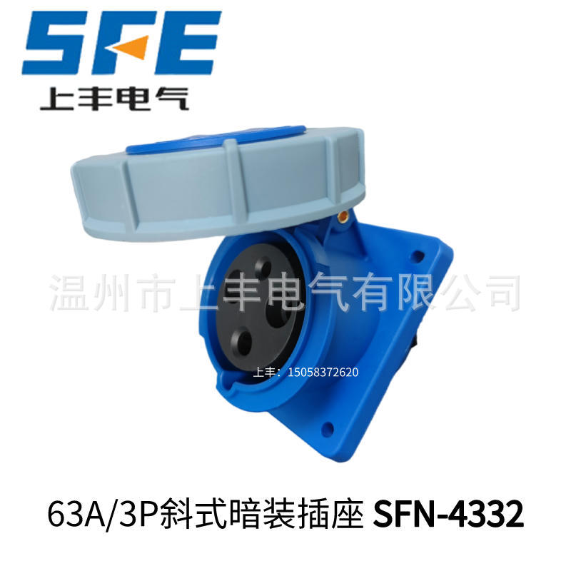 SFE温州上丰工业防水暗装斜式插座 63A/2P+E/220V /IP67 SFN-4332