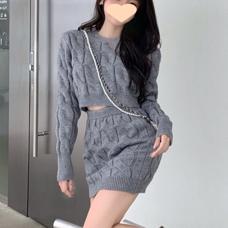 小香風套裝女氣質名媛女神范韓劇女主麻花毛衣包臀短裙兩件套秋冬
