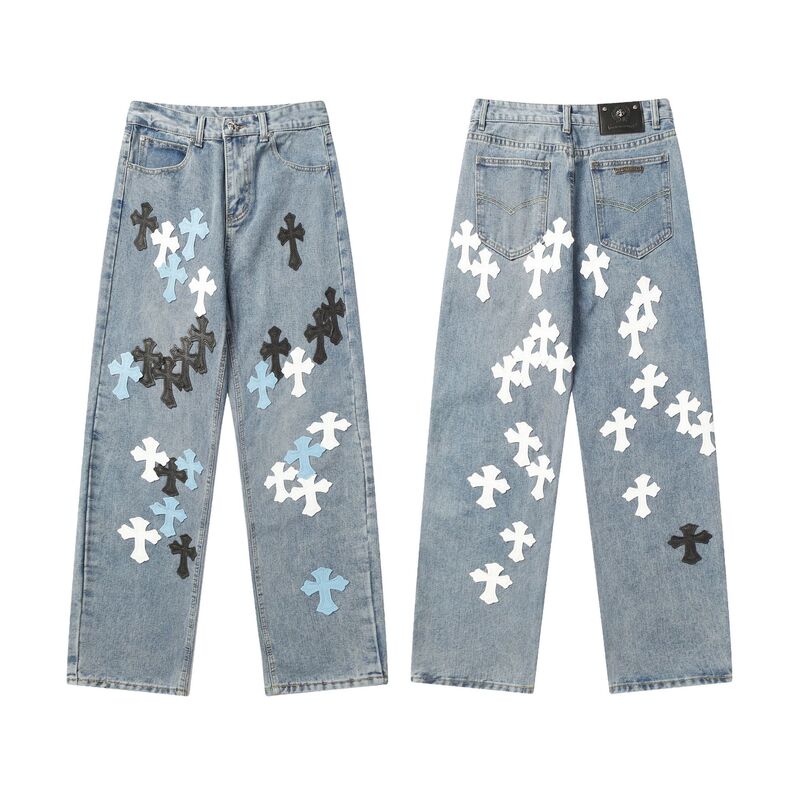2024 Spring/Summer Versatile Style Heavy-Duty Leather Patch Cross High-Street Breathable Celebrity-Inspired Jeans