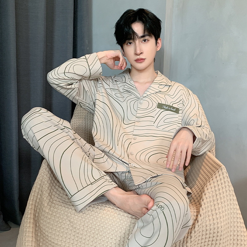 Pijama de primavera y otoño para hombres, camiseta de mangas largas, pantalones largos de tamaño grande que se pueden usar con ropa casera juvenil.