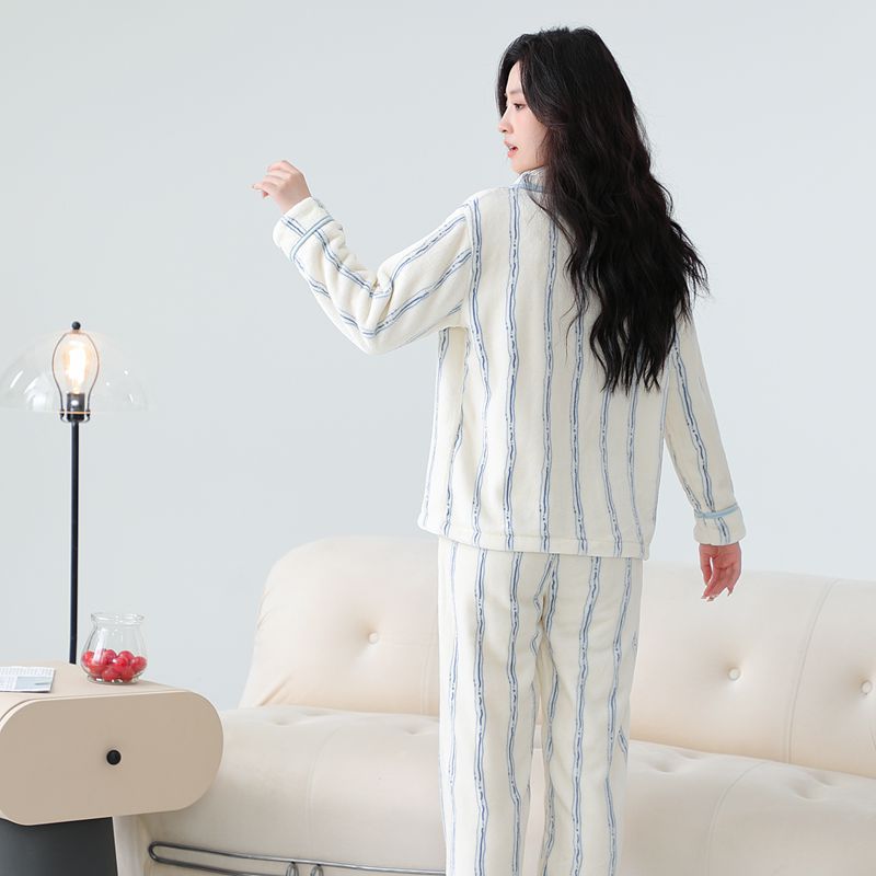플란넬 남성과 여성의 가을, 겨울 간단한 가정복 스트라이프 가디건 커플 세트 두꺼운 따뜻한 잠옷 밖에서 착용 가능