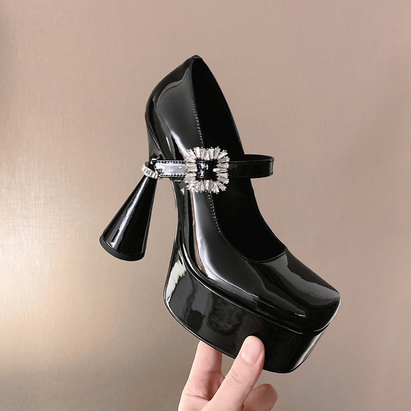 Giày cao gót nữ Mary Jane đế xuồng platform mũi vuông quai đôi khóa, gót 9 cm — màu trắng ngà, màu nude