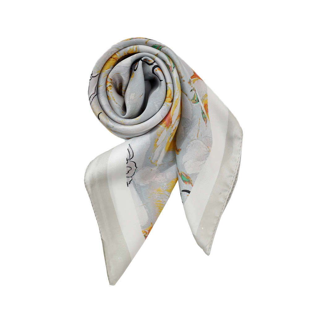 Pequeña impresión fresca 70 bufanda de seda de imitación temperamento babero de mujer de viaje plantas de todo fósforo bufanda cuadrada de flores mujeres al por mayor