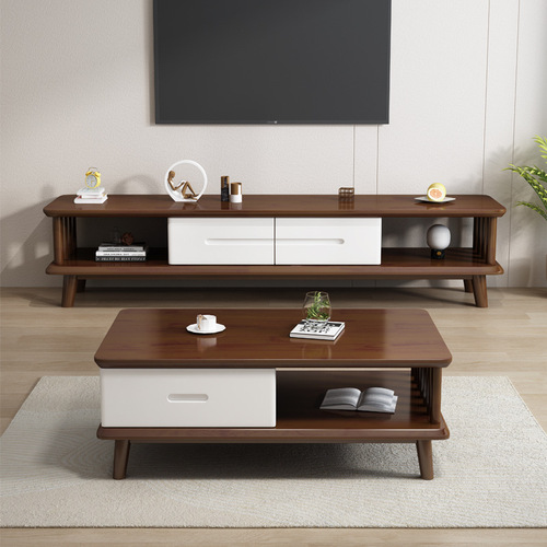 Nordic solid wood coffee table TV stand set modern minimalist small apartment living room floor cabinet storage audio-visual cabinet