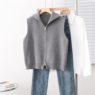 Retro Stand-Up Collar Waistoutwear Knitted Vest for Women Autumn and Winter New Cardigan Outwear Design Loose Zipper Sweater Vest