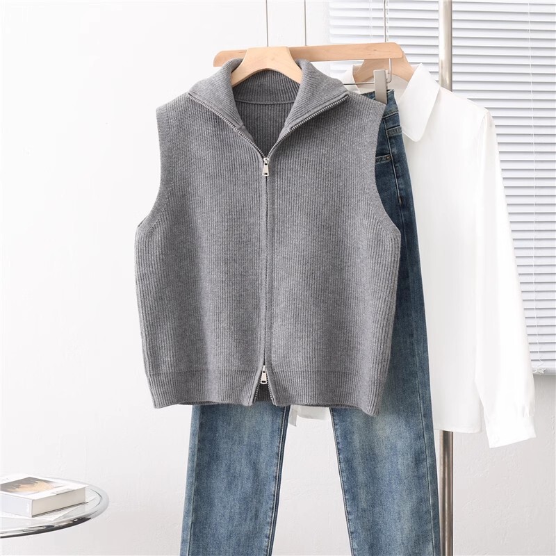 Retro stand collar waistcoat knitted vest for women autumn and winter New cardigan coat design loose zipper sweater vest
