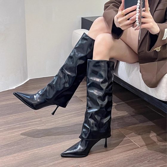 Patent Leather Trousers Boots Pointed High Tube Thin Heel High Heel Boots But Knee Long Boots Children Autumn and Winter Spice Knights Boots