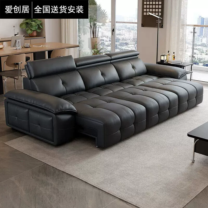 意式极简真皮沙发劳伦斯零靠墙电动伸缩功能沙发客厅直排三人沙发