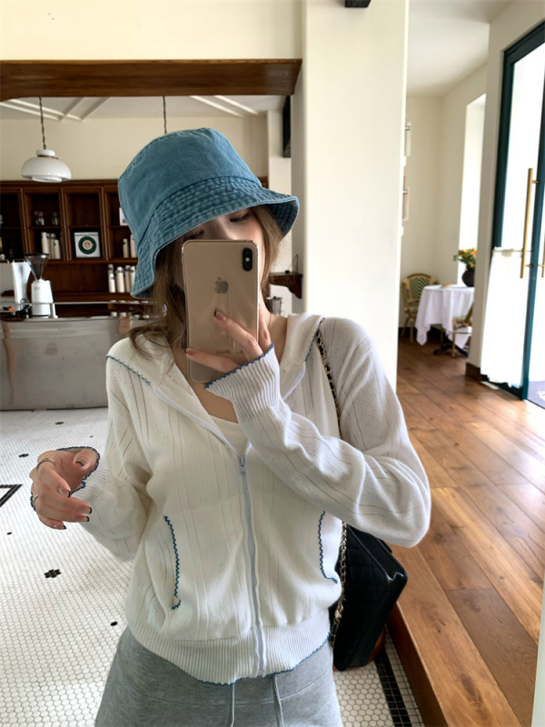 条纹连帽长袖针织衫外套女2025秋季新款韩系显瘦短款开衫上衣chic|undefined