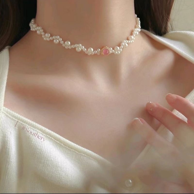 Розовое ожерелье с двойным жемчугом