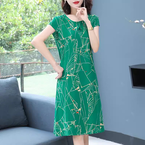 2025 New Plus Size Pure Cotton Silk Dress for Women 40-50 Years Old, Mother's Summer Outfit Artificial Cotton Skirt