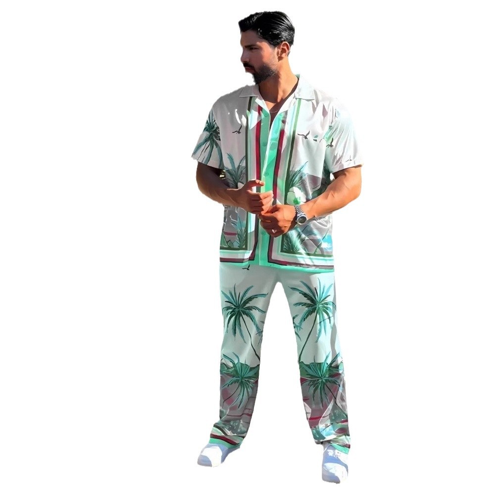 Traje de pantalones de manga corta con cuello cubano cómodo de estilo casual de vacaciones junto al mar hawaiano para hombre MB5-MR10
