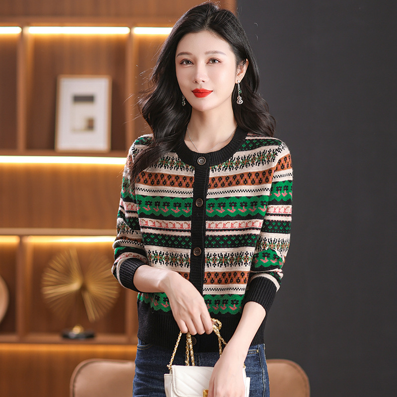 复古提花圆领羊毛针织外套女2025秋冬季新款宽松软糯妈妈毛衣开衫