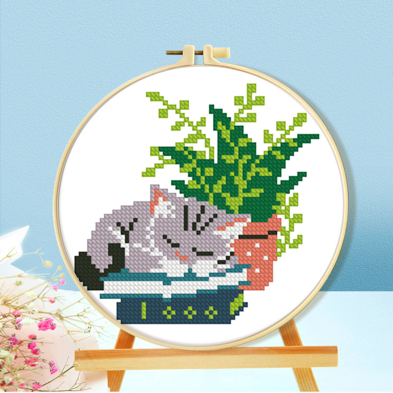 Mona Lisa Real Niños Pequenas de bordado cruzado Gato con flores dibujos animados minimalistas principiantes rompecabezas hechos a mano image 4