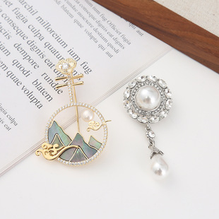 Chinese Style Exquisite Wanli River Mountain Pipa Accessories Brooch Creative Color Dropping Pearl Corsage Suit Pin